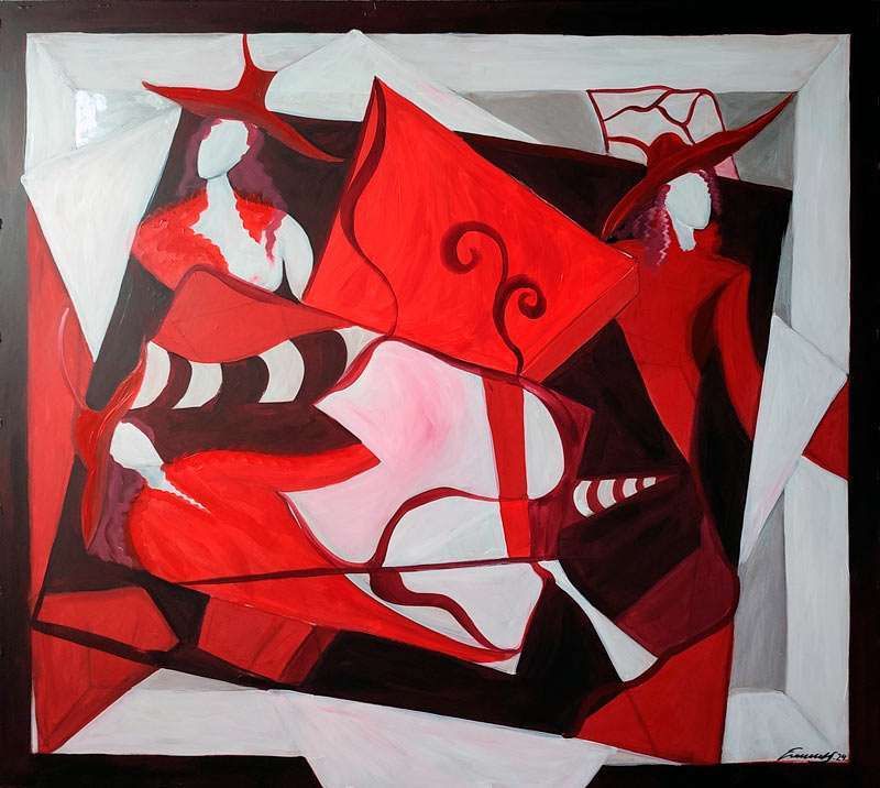 Марк Егошин «Три грации в красных плоскостях». ДВП, акрил. 122х137см. Картина из архива персоны